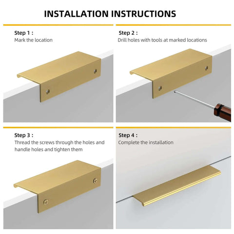 Installation guide for Matte Gold Cabinet Handles 7-1/2 Inch, 20 Pack Brushed Brass Drawer Pulls for kitchen cabinets and doors.