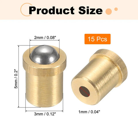 Heavy Duty 304 Stainless Steel Ball Plungers 15Pcs 2Mm Ball 5N Push Fit Spring Latches detailed size view, 2mm ball, 3mm diameter, brass housing.