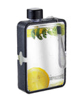 Flat Square Water Bottle For On The Go Hydration, Leak Proof And Drop Proof, black bottle with lemon slice and herbs inside