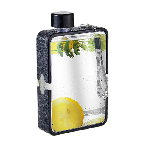 Flat Square Water Bottle For On The Go Hydration, Leak Proof And Drop Proof, black bottle with lemon slice and herbs inside