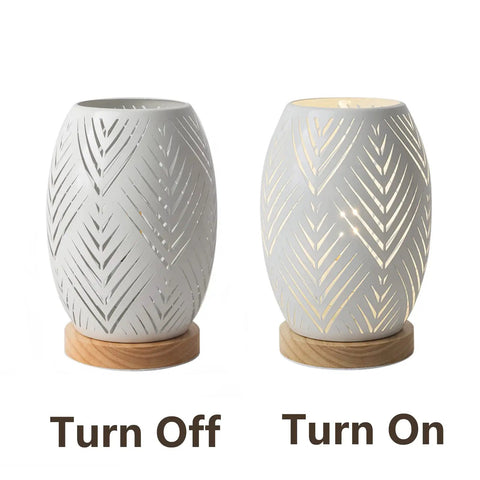 Modern Table Lamp With Metal Hollow Design For Bedroom Living Room Office Bar Or Restaurant E26 60W Night Light Bulb Not Included Cozy Warm Glow Minimalist Decor Durable Desk Lamp showing on and off state.