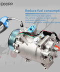 Heavy Duty AC Compressor For Honda Civic And CRV 2.4L 2007 To 2015 with aluminum casing and multiple connectors.