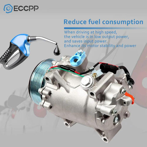 Heavy Duty AC Compressor For Honda Civic And CRV 2.4L 2007 To 2015 with aluminum casing and multiple connectors.