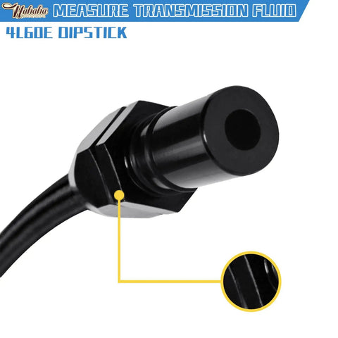 Close-up of black finish end of Flexible Stainless Braided Transmission Dipstick Hose For GM 700R4 4L60E 4L80E Providing Easy Install And Leak Free Readout Black Finish For Chevy And GM Firewall Mounted Trans Dipstick Kit.