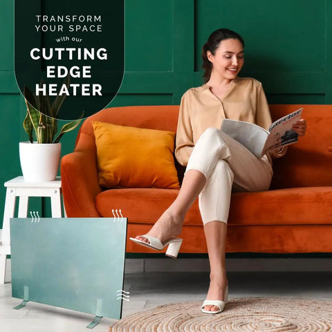 Legs Flat Panel Heater For Desk Or Wall Mount Ultra Slim One Inch Thick Low Wattage 150W Radiant Heating Space Heater Energy Efficient Cozy Heat For Legs And Feet All Day next to a sofa indoors.