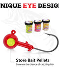 12 Piece Crappie Jig Heads Kit With Hollow Scent Holder For Long Lasting Odor Attracting Fish Dual Side Hooks For Crappie And Bass Includes 1/16, 1/8, 3/16 Ounce Jigs In White Yellow Red showcasing red jig head with scent pellets.