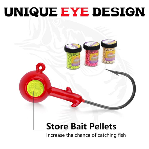 12 Piece Crappie Jig Heads Kit With Hollow Scent Holder For Long Lasting Odor Attracting Fish Dual Side Hooks For Crappie And Bass Includes 1/16, 1/8, 3/16 Ounce Jigs In White Yellow Red showcasing red jig head with scent pellets.