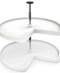 Two Tier Kidney Shaped Lazy Susans For Corner Base Cabinets Plastic White 28 Inch Wide, 22.5 Inch Deep, 26 Inch High Space Saving Swivel Kitchen Organizer For Spices And Cans With Easy Inside Cabinet Install, featuring two white shelves and a central pole, designed for efficient kitchen use.