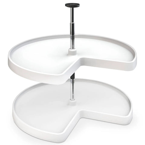 Two Tier Kidney Shaped Lazy Susans For Corner Base Cabinets Plastic White 28 Inch Wide, 22.5 Inch Deep, 26 Inch High Space Saving Swivel Kitchen Organizer For Spices And Cans With Easy Inside Cabinet Install, featuring two white shelves and a central pole, designed for efficient kitchen use.