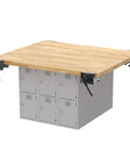 64 Inch Heavy Duty Workbench With Four Adjustable Bench Vises And Twelve Vertical Storage Lockers Top Shelf Maple Hardwood surface with steel lockers.