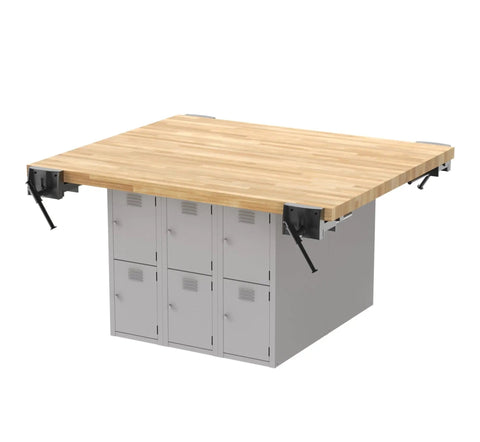 64 Inch Heavy Duty Workbench With Four Adjustable Bench Vises And Twelve Vertical Storage Lockers Top Shelf Maple Hardwood surface with steel lockers.