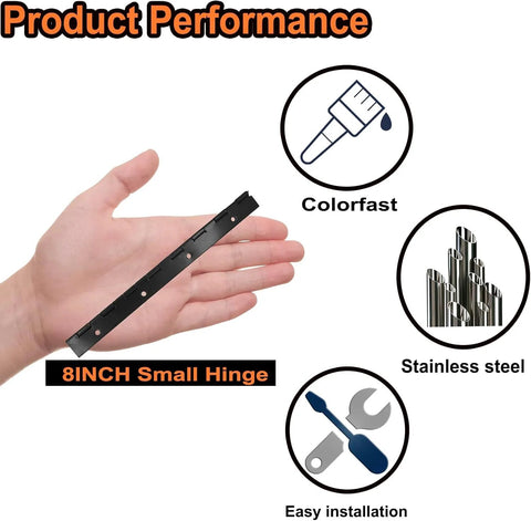 4-pack 8-inch black stainless steel continuous piano hinges with screw holes, held in hand