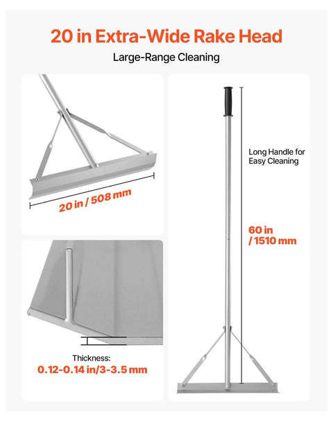Heavy Duty Aluminum Landscape Rake With 60 Inch Handle And 20 Inch Wide Head for precise surface leveling and cleaning