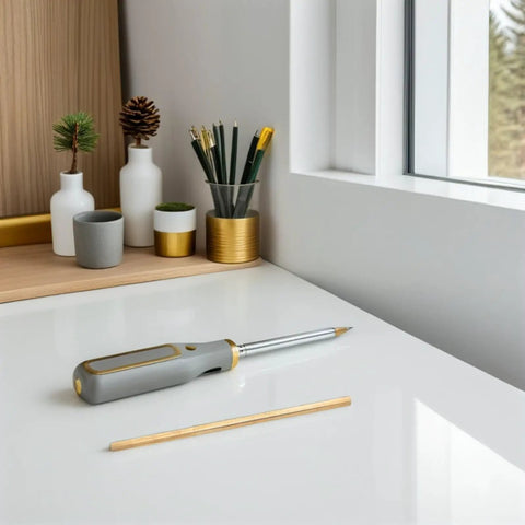 Desk with 4 Piece Solid Brass Rod Kit For DIY Makers And Craft Projects showing one brass rod next to tools and pens