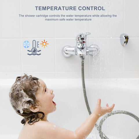 Child enjoying bath with Pressure Balancing Shower Cartridge Replacement for 1/2 Inch Single Handle Valve, stable water temperature.