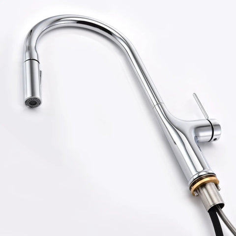 Close-up of SUMERAIN Kitchen Faucet with Pull Down Sprayer Dual Mode Brushed Gold polished stainless steel spout.