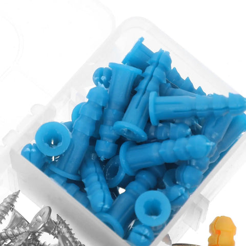 270-Piece Wall Anchors and Screws Kit for DIY and Engineering Projects - Heavy-Duty Self-Tapping Carbon Steel Screws, Rubber Anchors, All-Purpose Hardware Set for Concrete and Wood, blue plastic wall anchors in a clear box