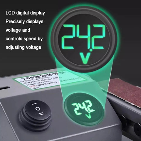 LCD digital display showing 24.2V voltage on Tough As Nails 350W Wet And Dry Bench Sander with control features.
