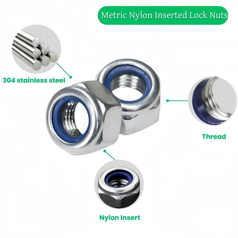 M8 Nylon Insert Lock Nuts 304 Stainless Steel Self Locking Hex Nuts Vibration And Corrosion Resistant 30 Pack