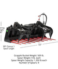 72 Inch Manure Tine Grapple Bucket Attachment With SSQA Hay Spear Frame And Double Grapple Rake Arms, heavy-duty, side view
