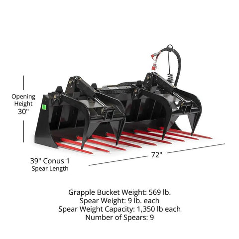 72 Inch Manure Tine Grapple Bucket Attachment With SSQA Hay Spear Frame And Double Grapple Rake Arms, heavy-duty, side view