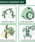 Graphic showing uses of Green Reusable 100 Pack 6 Inch Adjustable Anti Slip Nylon Plant Ties With Hook And Loop Fasteners for plants and cables.