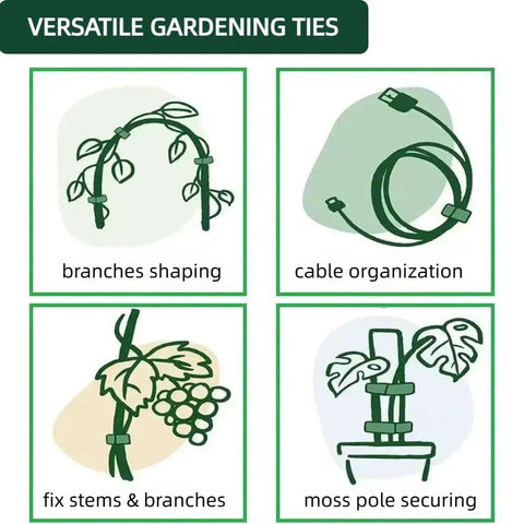Graphic showing uses of Green Reusable 100 Pack 6 Inch Adjustable Anti Slip Nylon Plant Ties With Hook And Loop Fasteners for plants and cables.