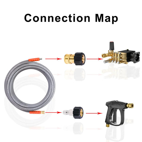 Pressure washer hose kit with grey hose, brass M22 14mm to 3/8 in quick-connect adapters, and spray gun.
