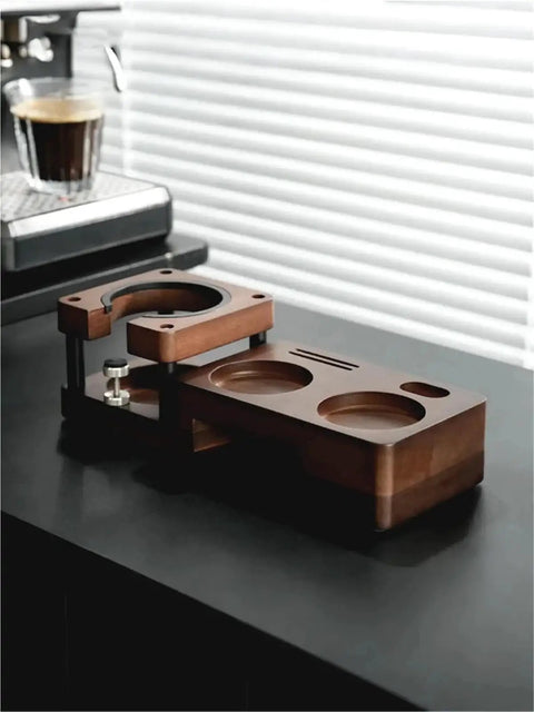 Smooth Operator Wood Espresso Tamper Station fits 51 and 58 mm baskets on a counter with non-slip base.