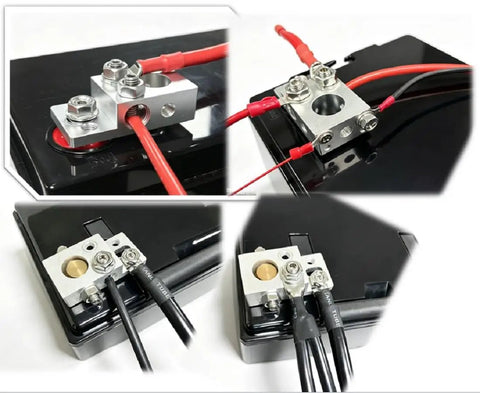 Heavy Duty 13 Way Battery Power Distribution Block With M8 M6 M4 Threaded Studs For Rv Marine Automotive Solar Lithium Batteries, detailed view with installed cables.