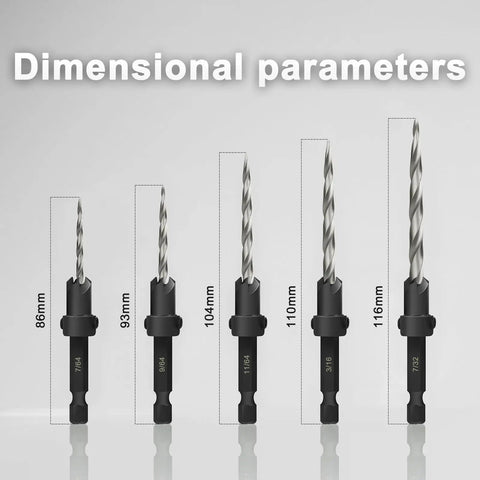 Five Piece Countersink Drill Bit Set For Wood With Sizes 4 6 8 10 12 And A 2.5mm Allen Wrench Plus Free Storage Case Pro Grade