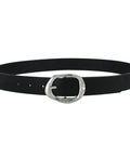 Reliable Daily Go To Womens Black Faux Leather Belt With Metallic Silver Buckle Adjustable Waist Strap For Denim Jeans And Flowy Dresses One Point Two Inch Width Dress Up Or Down Fits Like A Dream, shown flat with buckle.