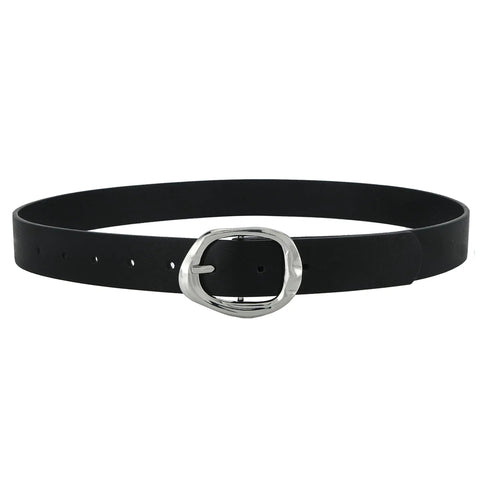Reliable Daily Go To Womens Black Faux Leather Belt With Metallic Silver Buckle Adjustable Waist Strap For Denim Jeans And Flowy Dresses One Point Two Inch Width Dress Up Or Down Fits Like A Dream, shown flat with buckle.