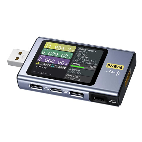 USB Power Multimeter With 2 Inch HD LCD Display And Bluetooth App Pro Grade All In One Type C Voltage Current Power Tester For PD 2.0 PD 3.0 QC 3.0 Up To 428V With Real Time Power Analysis And Temperature Readout showing colored data readings