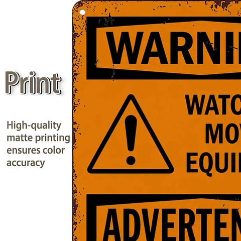 Close-up of 12 By 8 Inch Aluminum Warning Sign For Moving Equipment with clear warning text and high-quality matte print.