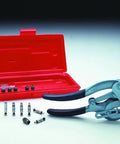 Junior Punch Kit With 1.75 Inch Throat And 1.2 Ton Capacity, hand-operated punch tool with red case and punch dies set for metalworking