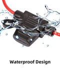 Mini Blade Fuse Holder 18 AWG Waterproof Inline Fuse Kit With 5A ATM Fuses 2 Pack with water splashes highlighting waterproof design