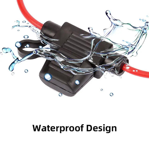 Mini Blade Fuse Holder 18 AWG Waterproof Inline Fuse Kit With 5A ATM Fuses 2 Pack with water splashes highlighting waterproof design