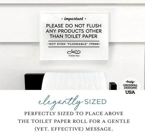 Small And Elegant Designer Acrylic Bathroom Sign 3.5x5 Inches With Adhesive Included, Washable, Premium Glossy Finish, 1/8 Inch Thick White Acrylic