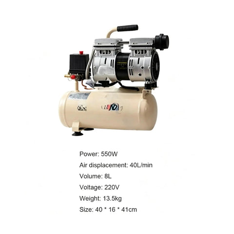 Heavy Duty 550W Silent Air Compressor With 8 Gallon Tank. Oil Free Industrial Pump For Garage, Shop, And HVAC Systems. Low Noise Operation And Durable Design. Compact Footprint Ensures Easy Storage. Perfect For Blow Guns, Nails, And Tires. Reliable