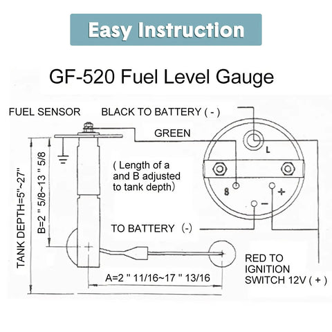 Diagram of a GF-520 fuel level gauge with wiring instructions for 2 Inch Universal Fuel Gauge Kit With LED Backlight Red Pointer