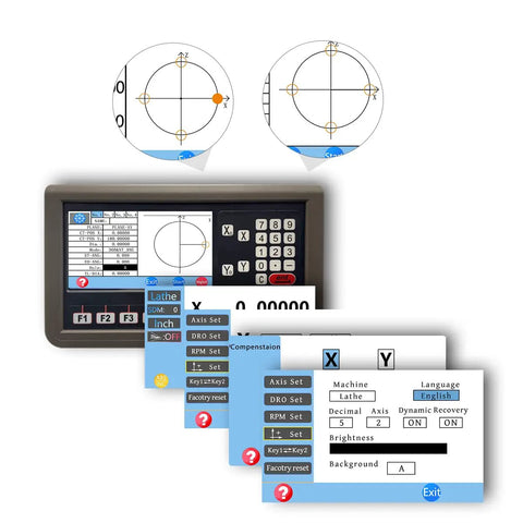 Heavy Duty Dro Kit For 12X40 Inch Metal Lathe With Glass Linear Scale And Dead On One Micron Accuracy Lcd Display showing LCD interface and tool settings.