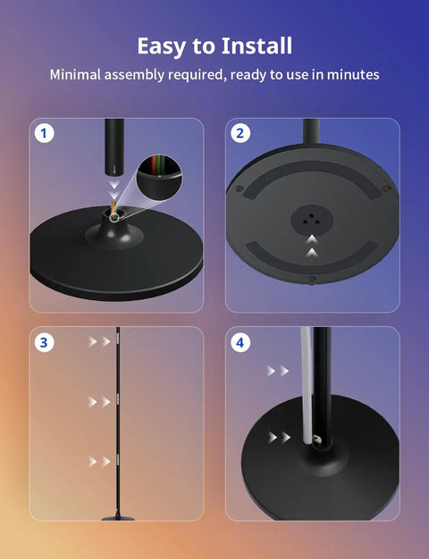 Assembly steps for Smart Corner Floor Lamp With Alexa And App Control For Hands Free Scene Setting, base and pole details.