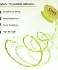 Close-up of nylon polyamide spool with string, labeled solid round string, wear resistance, resilience, high strength for Ryobi trimmers.