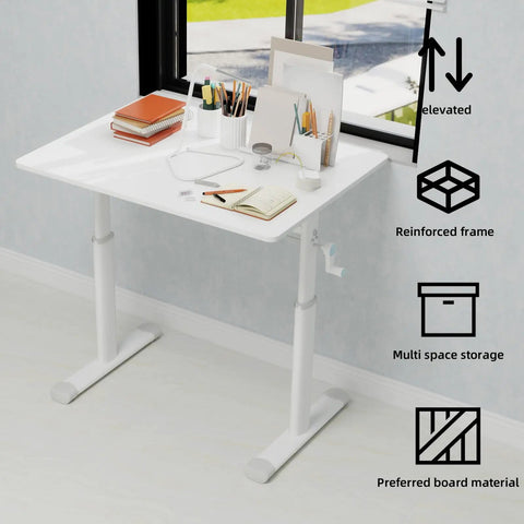 Smooth Hand Crank Standing Desk With 330 Lbs Heavy Duty Build And Effortless Manual Height Adjustment To Flex Your Home Office Vibe in white with office supplies.