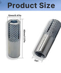 Heavy Duty 12 Pack Knurled Drop In Anchors for Solid Concrete Three Eighths Inch Sixteen Thread Carbon Steel Internal Forced Expansion Bolts with Silver Zinc Coat Ferrtitan Ideal For Contractors, shown in close-up with size dimensions.
