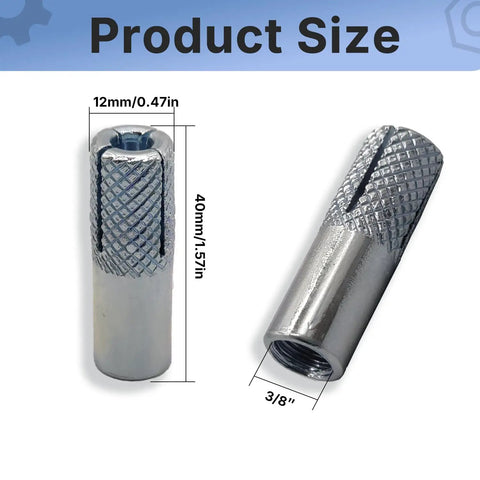 Heavy Duty 12 Pack Knurled Drop In Anchors for Solid Concrete Three Eighths Inch Sixteen Thread Carbon Steel Internal Forced Expansion Bolts with Silver Zinc Coat Ferrtitan Ideal For Contractors, shown in close-up with size dimensions.