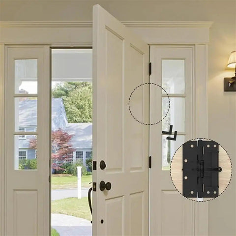 Heavy Duty Self Closing Spring Hinges For Doors And Gates No Brainer Install And Smooth Auto Close For Home And Commercial Use Sturdy Steel Construction Built To Last Reliable Hinged Hardware on white door frame