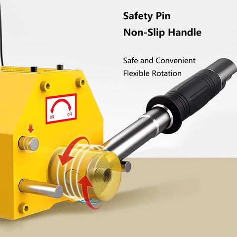 Heavy Duty Magnetic Lifter With Quick Release Handle And Dual Safety Lock Killer Grip Neodymium Magnet showing safety pin and non-slip handle.