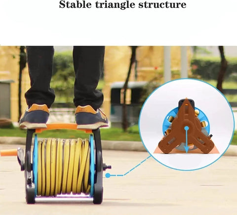 Portable Garden Hose Reel Cart With 50 Meter Hose And Nine Setting Spray Nozzle Rolling Water Storage Rack for stable triangle structure.